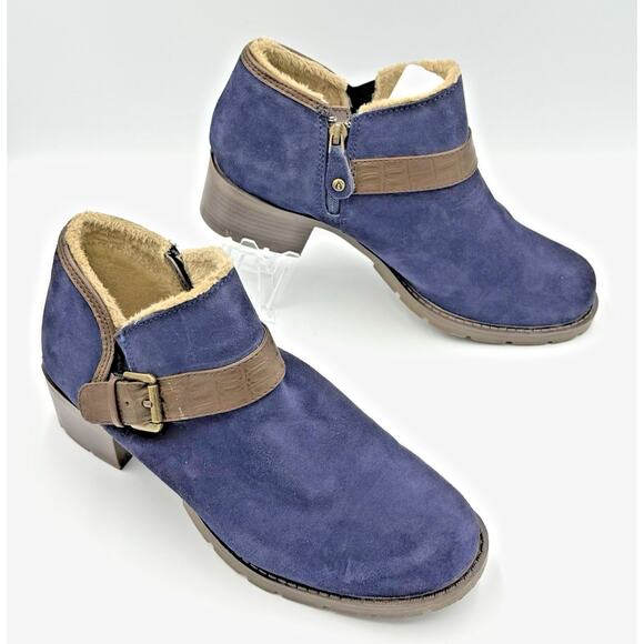 Sporto Navy Suede Leather Ankle Boot Faux Fur Lined Brown Buckle Women's Size 9W - Picture 1 of 10